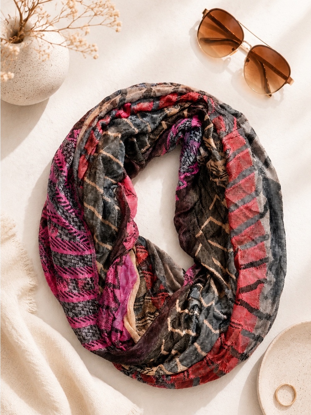 Nordstrom Boho Multicolor Infinity Scarf | Pink Blue Neutral Tribal Print Scarf